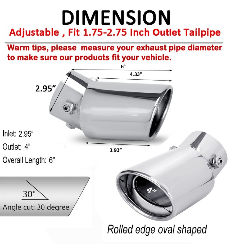 Dsycar Universal 1.75-2.75 inch Curved Exhaust Tips, Chrome-Plated Finish Bolt On Design Exhaust Tips for 1.75"/2"/2.25"/2.5"/2.75" Outside Diameter Tailpipes (Silver Large Curved) - Image 3